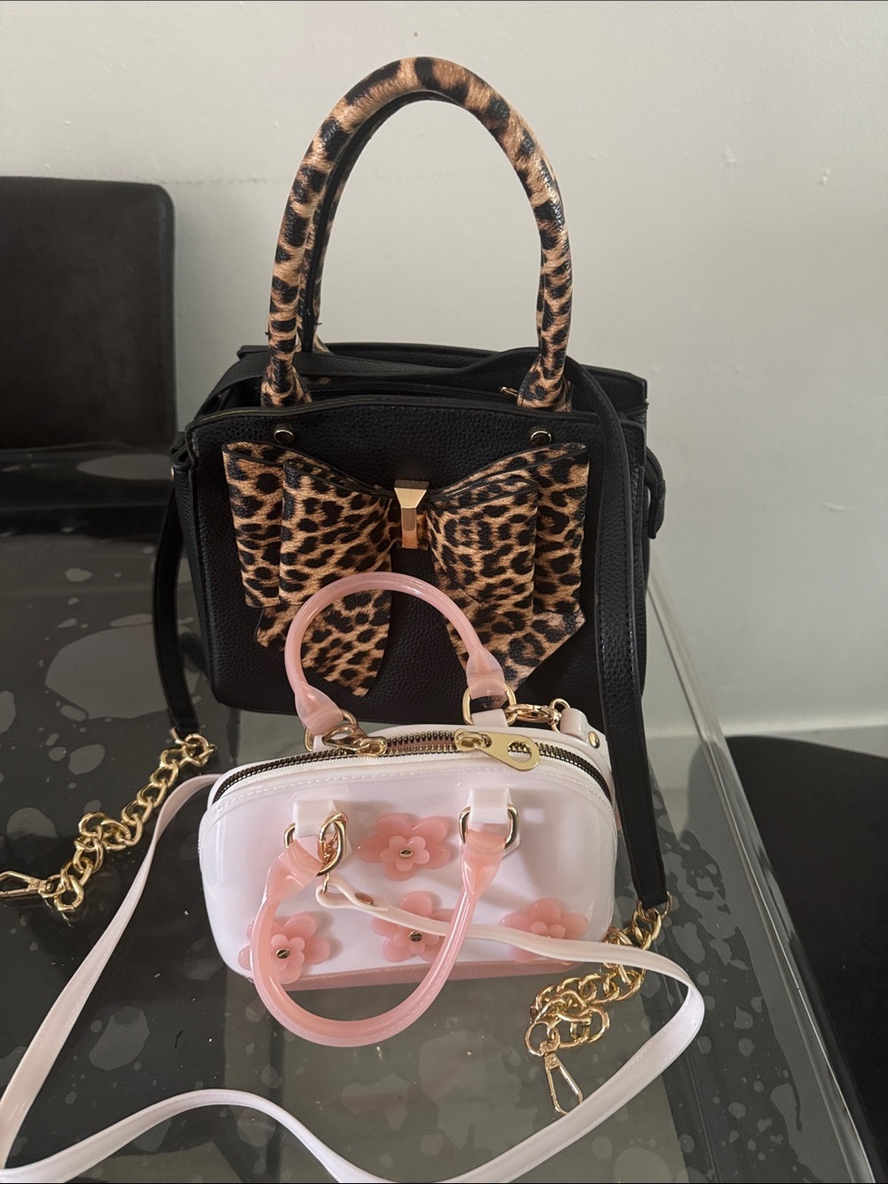 Black Leopard Bow Accent Satchel Handbag